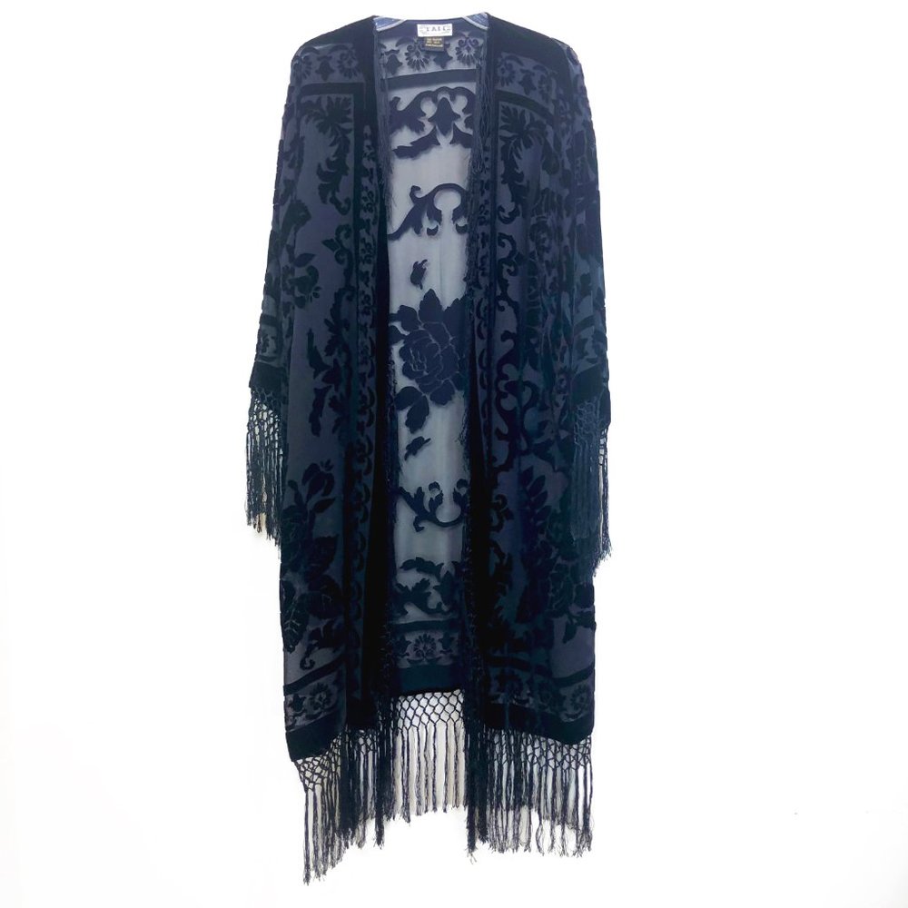 Open Front Fringed Floral Velvet Burnout Kimono - Picture 3 of 7